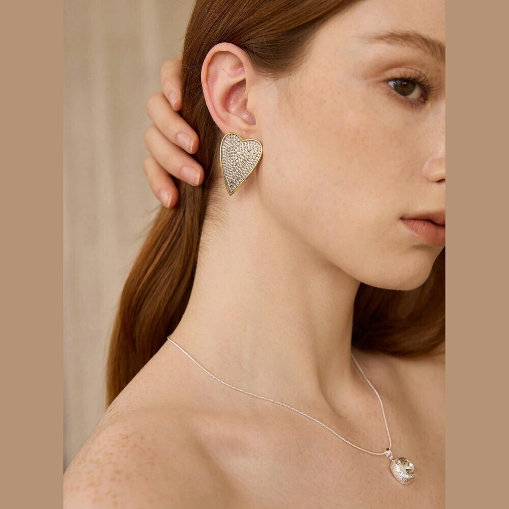 Gold Sparkle Pave Heart Elongated Stud Earrings